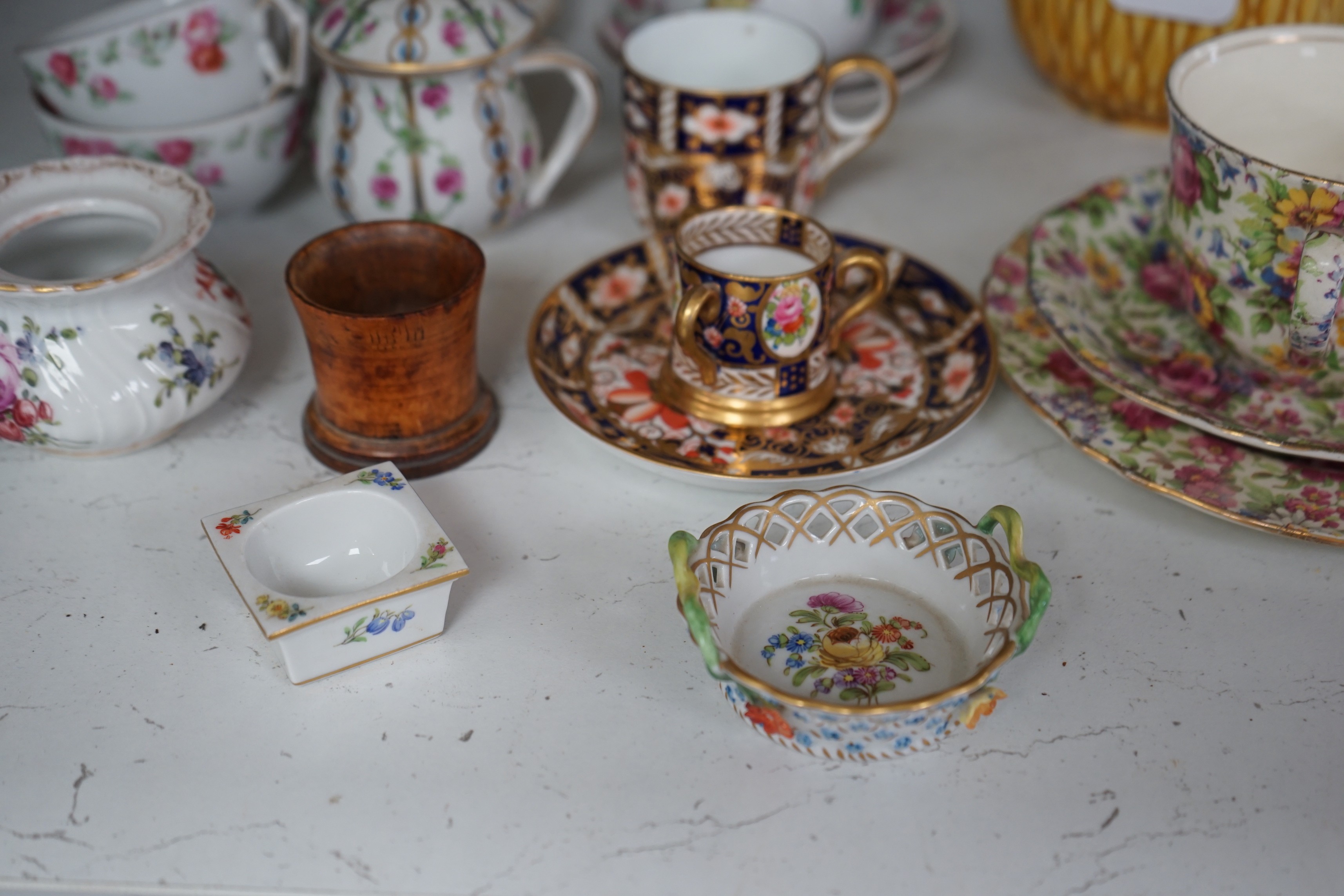 A group of continental porcelain, to include Meissen, Dresden etc. cups, trinkets, jugs, and saucers, tallest 16.5cm